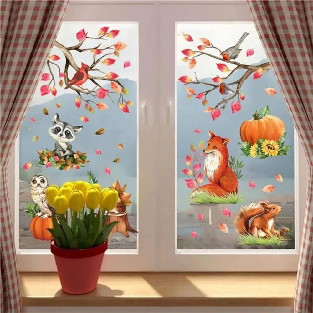 Fall Woodland Animals Window Clings -Fox, Owl, Raccoon, Pumpkin & Autumn Sticker